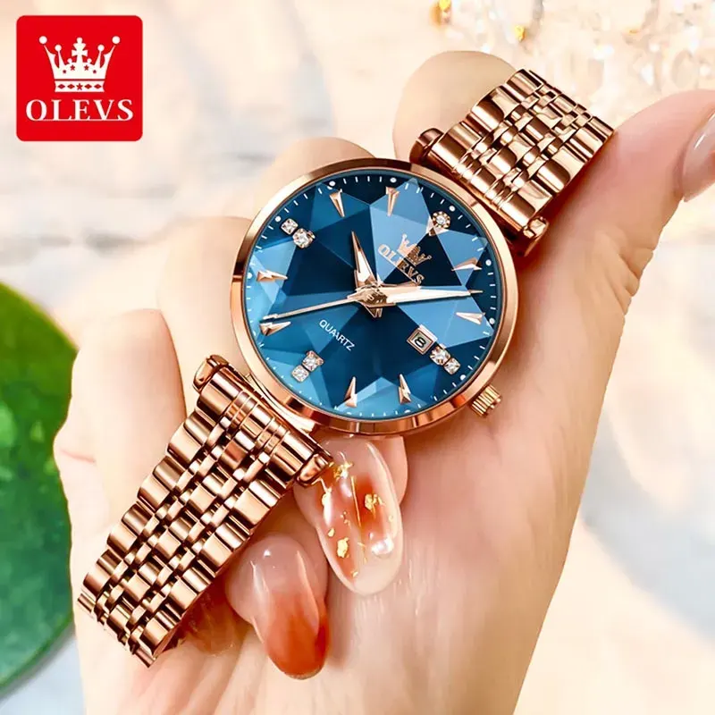 Olevs Luxury Blue Diamond Dial Rose Gold Ladies Watch | 5536